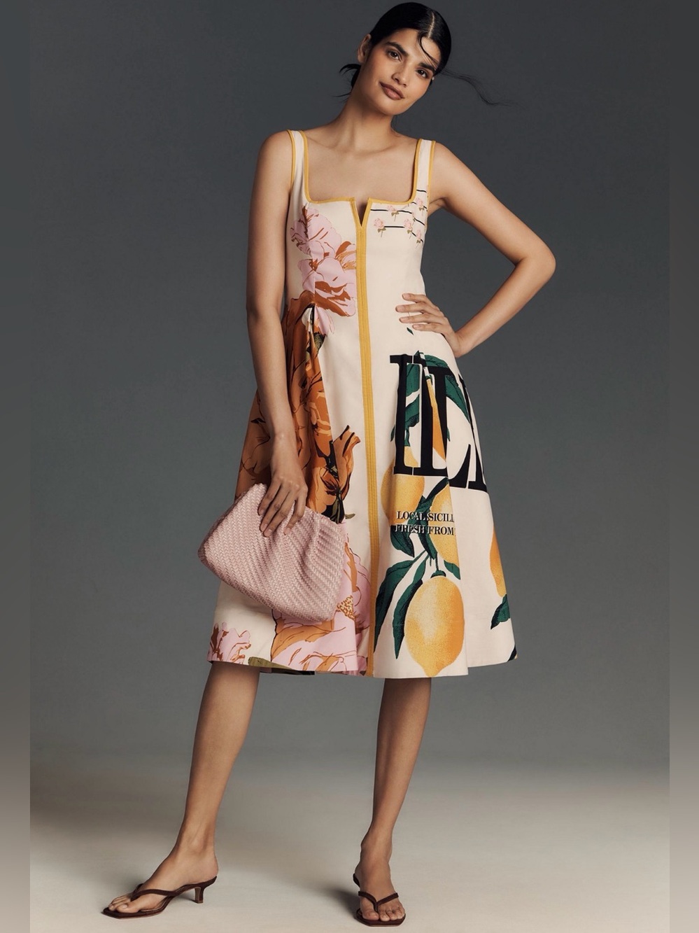 Floral Lemon Print Square-Neck Midi Dress in Cream and Pink - Picture 1 of 10